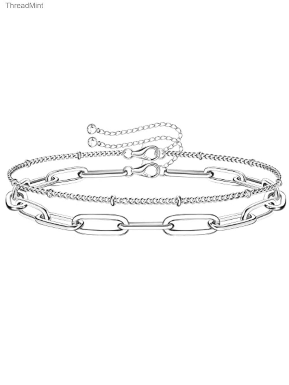925 Sterling Silver Bead Paperclip Chain Bracelet 14K White Gold Plated Layered